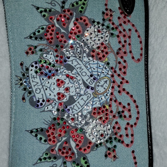 NWT Ed Hardy Denim Rhinestone Skull Crossbody Bag - Picture 3 of 14